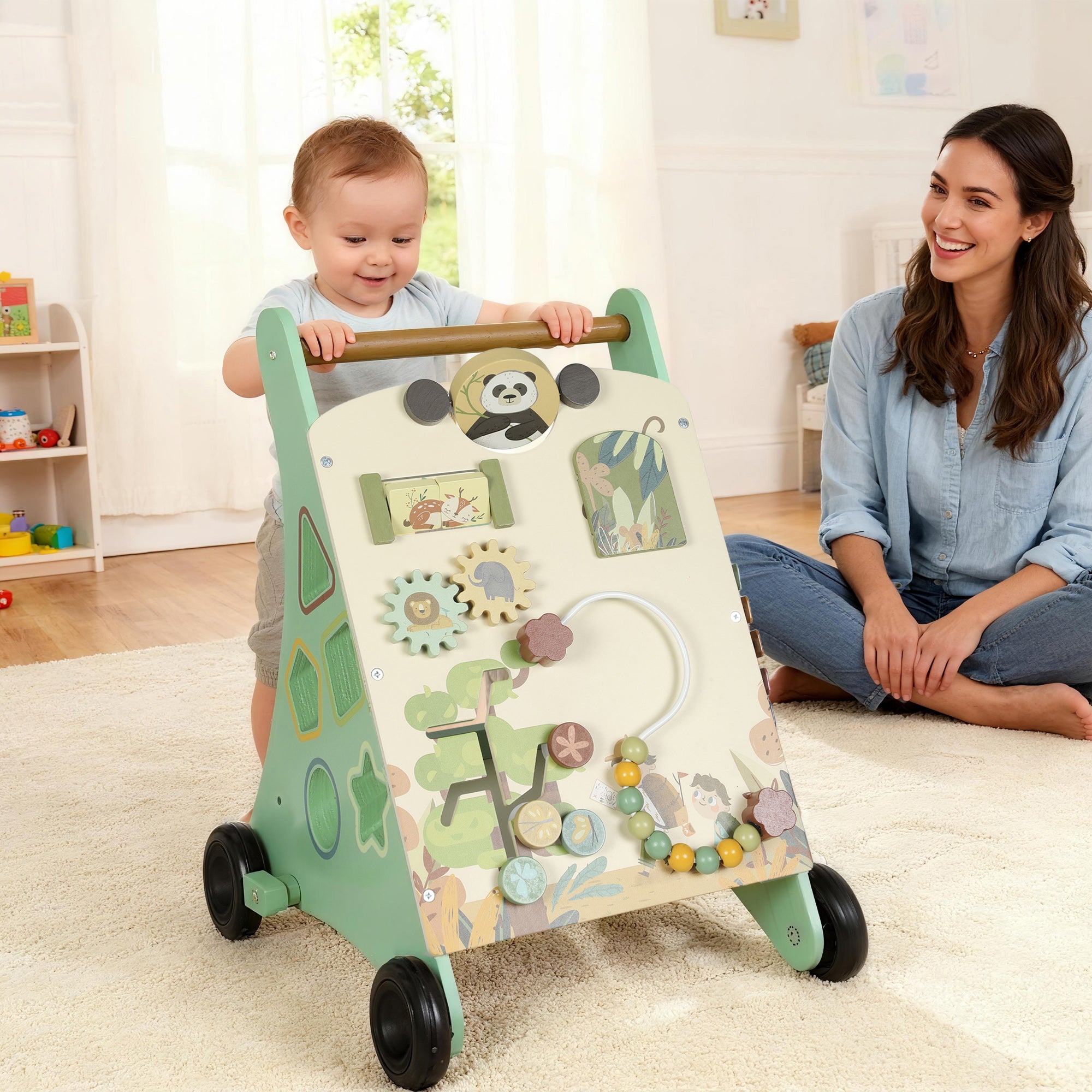 AIYAPLAY Wooden Baby Walker, Push Along Walker Toys with Speed Control, Xylophone, gears and Bead Maze, Green 