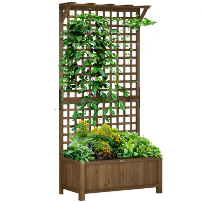 Outsunny Raised Bed with Drainage Holes, Wood Planter with Trellis for Climbing Plants to Grow Vegetables, Flowers, Brown 