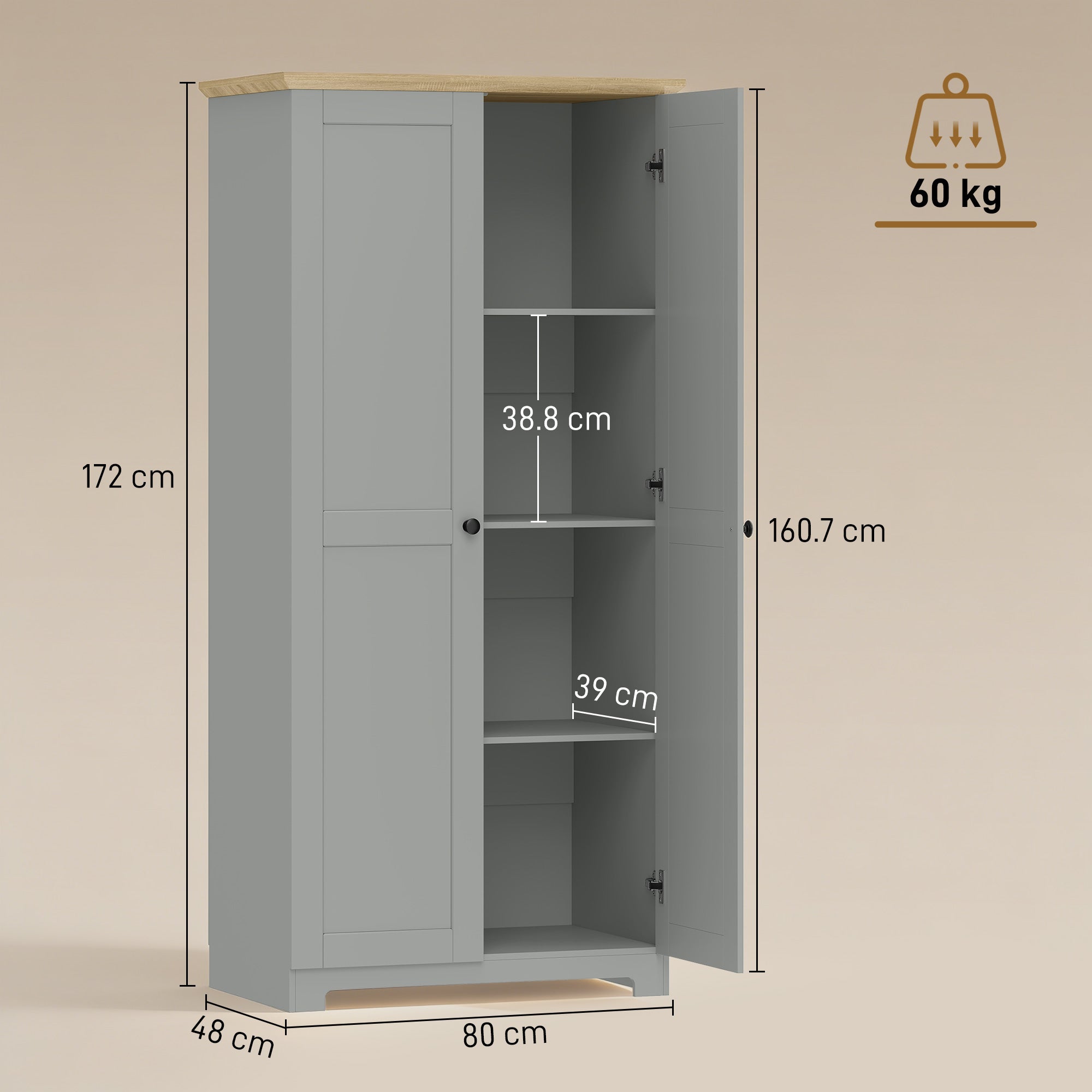 HOMCOM Kitchen Cupboard, 172cm Freestanding Storage Cabinet with Doors and Shelves, Grey 