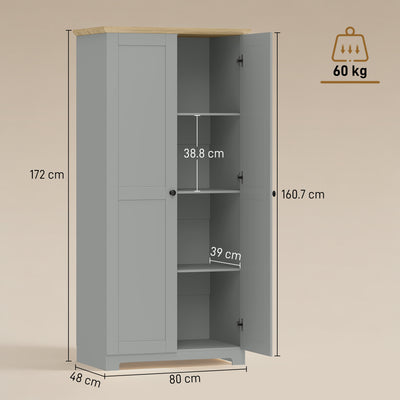HOMCOM Kitchen Cupboard, 172cm Freestanding Storage Cabinet with Doors and Shelves, Grey 