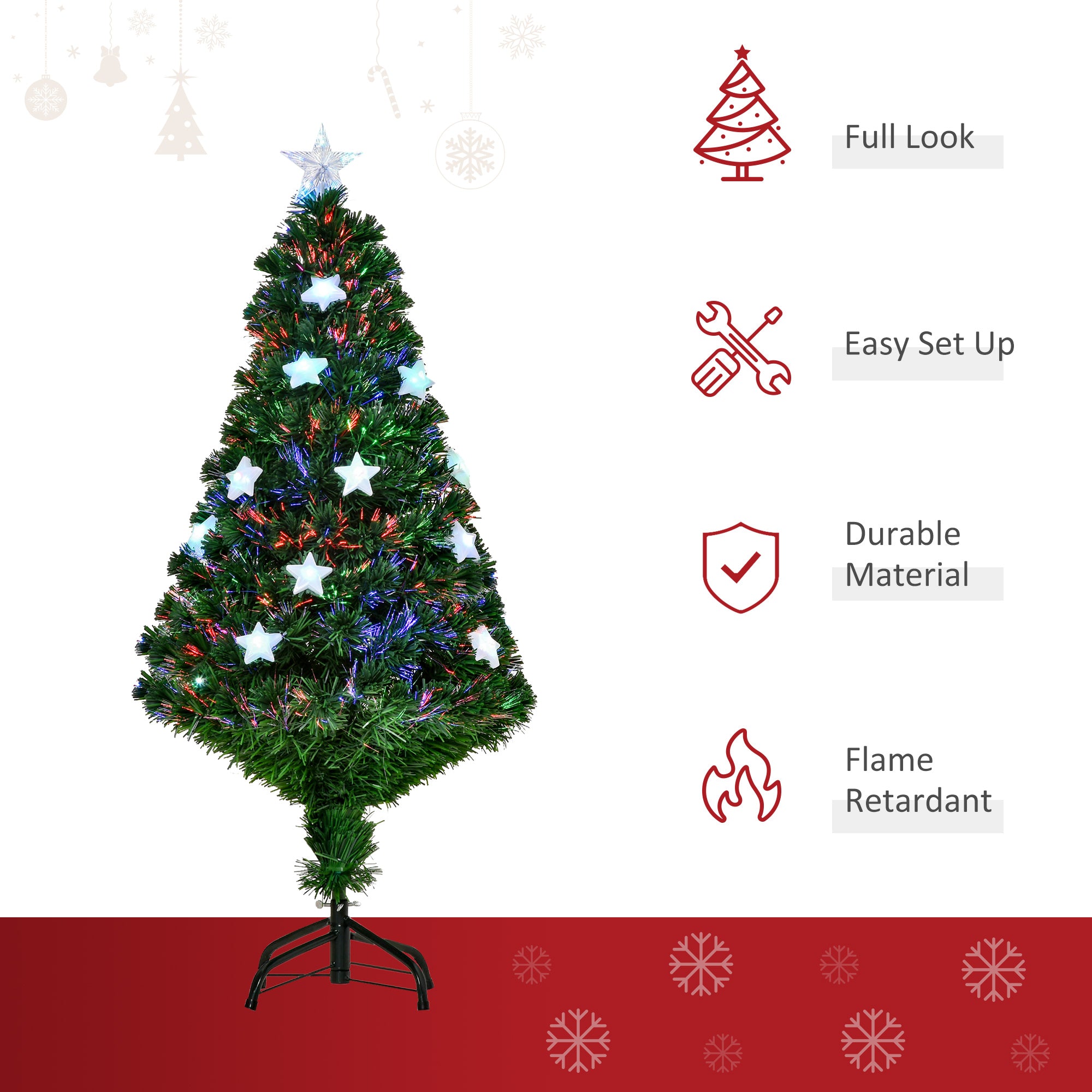 HOMCOM 4FT Prelit Artificial Christmas Tree Fibre Optic Star LED Light Holiday Home Xmas Decoration with LED Light for Indoor Party, Green 