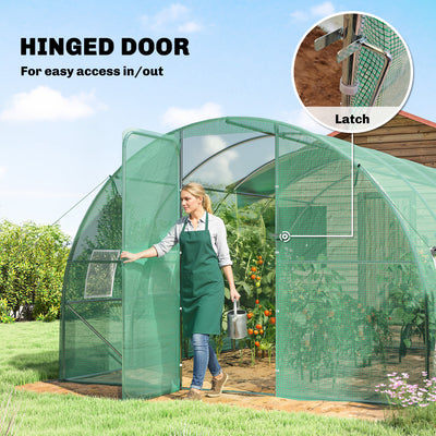 Outsunny 3 x 4 m Walk-in Polytunnel Greenhouse with Hinged Door and 8 Roll Up Mesh Windows, Garden Tunnel Warm House Tent, Green 