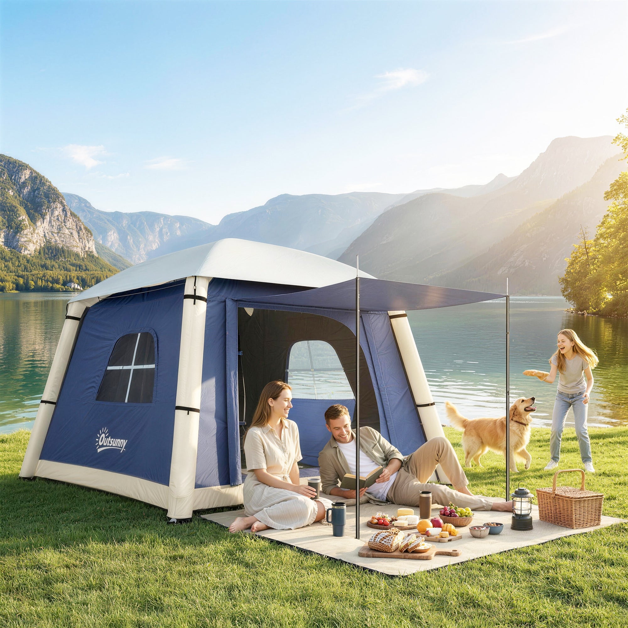 Outsunny Inflatable Camping Tent w/ Hand Pump, Easy Setup 1/2 Person Blow Up Tent, Dark Blue 
