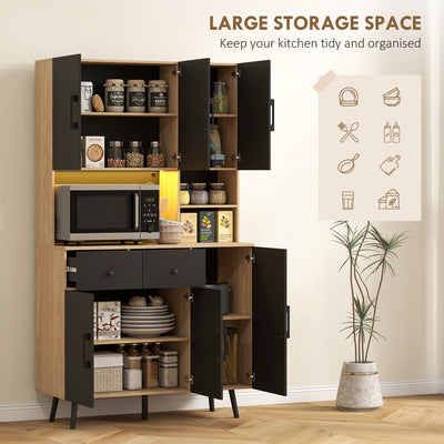 HOMCOM 176 cm Kitchen Cupboard with LED Lights - Oak and Black 