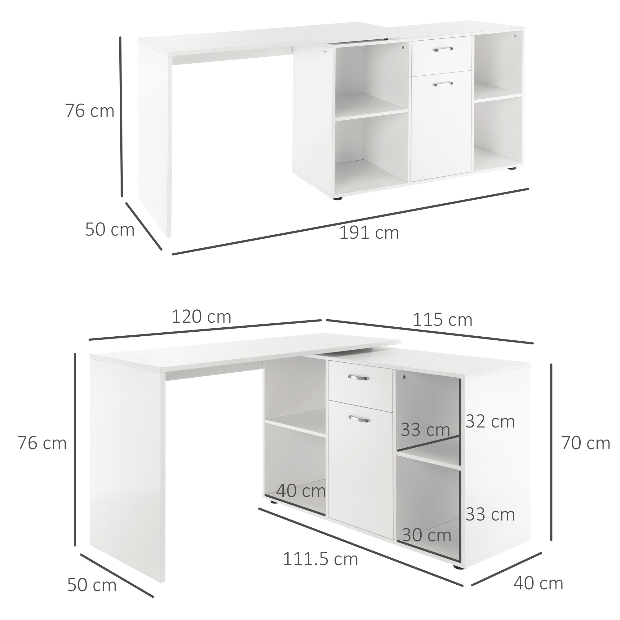 HOMCOM L-Shaped Computer Desk with Storage Compartments, Drawer and Cabinet, Laptop PC Corner Table, Home Office Workstation, 120 x 115 x 76cm, White 