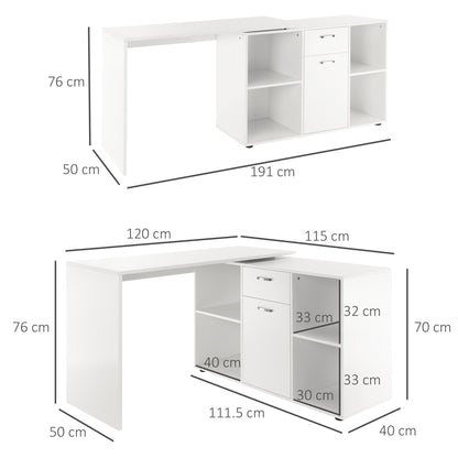 HOMCOM L-Shaped Computer Desk with Storage Compartments, Drawer and Cabinet, Laptop PC Corner Table, Home Office Workstation, 120 x 115 x 76cm, White 