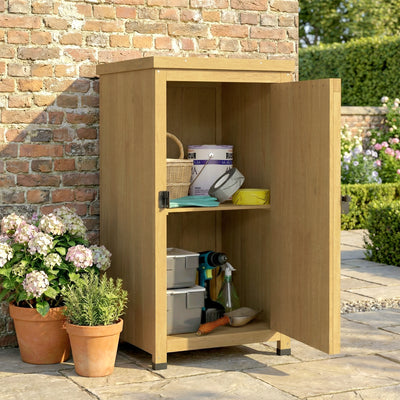 Outsunny Wooden Garden Shed, Garden Tool Storage Shed with Metal Top and Shelf, Light Brown 