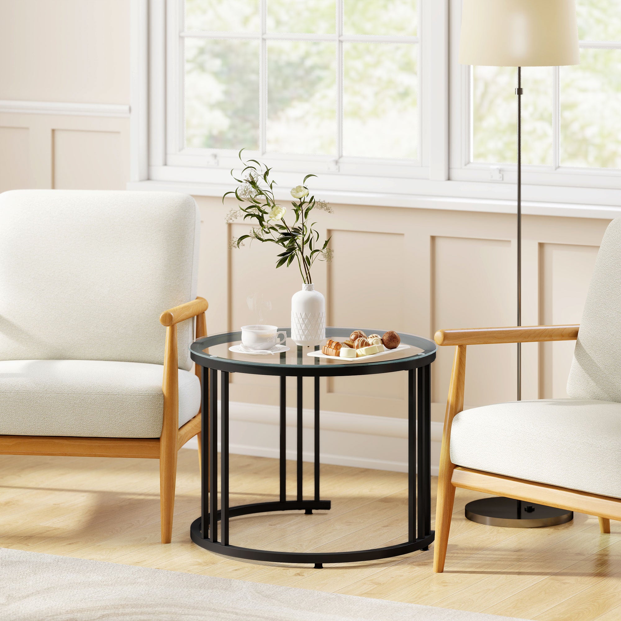 HOMCOM Round Coffee Tables Set of 2, Nesting Tables with Tempered Glass Top and Steel Frame, Black 