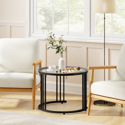 HOMCOM Round Coffee Tables Set of 2, Nesting Tables with Tempered Glass Top and Steel Frame, Black 