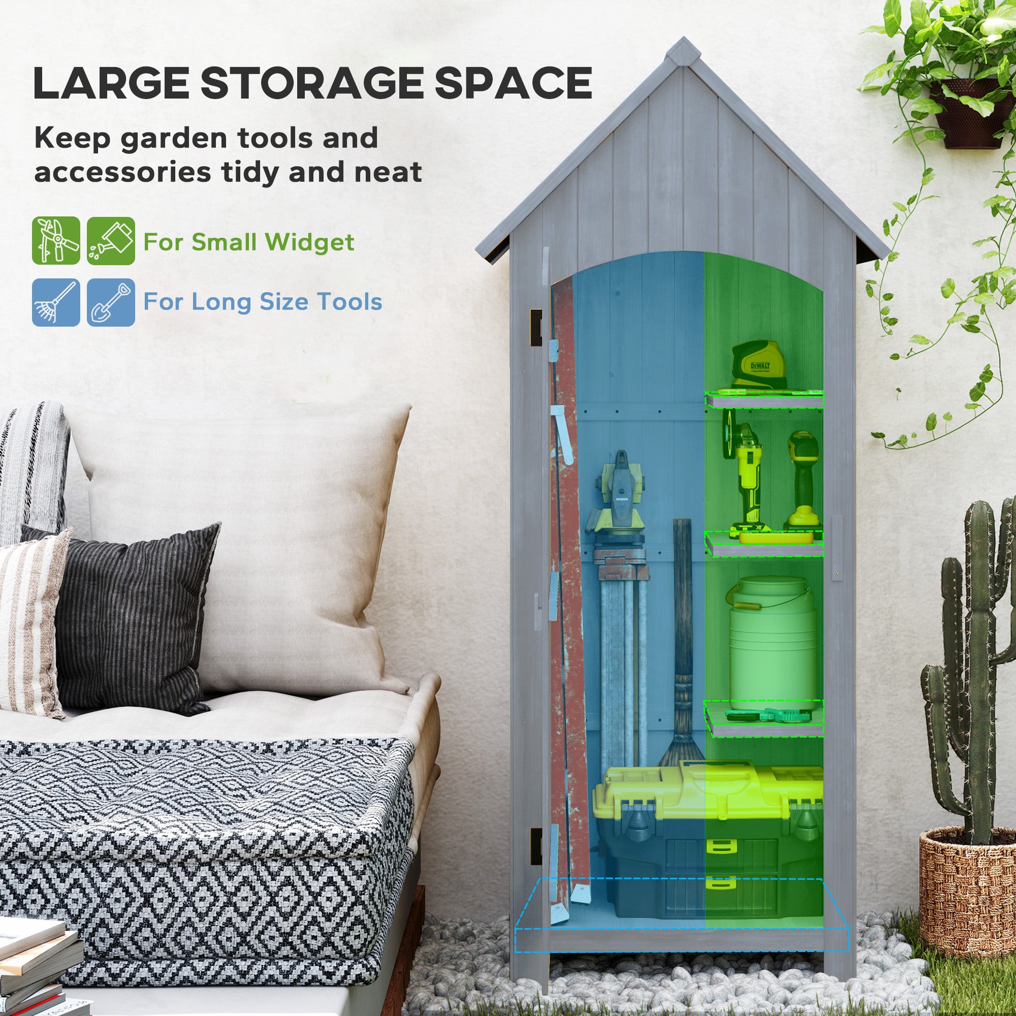 Outsunny Wooden Garden Storage Shed with 3 Shelves, Outdoor Tool Storage Cabinet with Tilt Roof and Lockable Door, 77.5 x 54.2 x 179.5 cm, Grey 