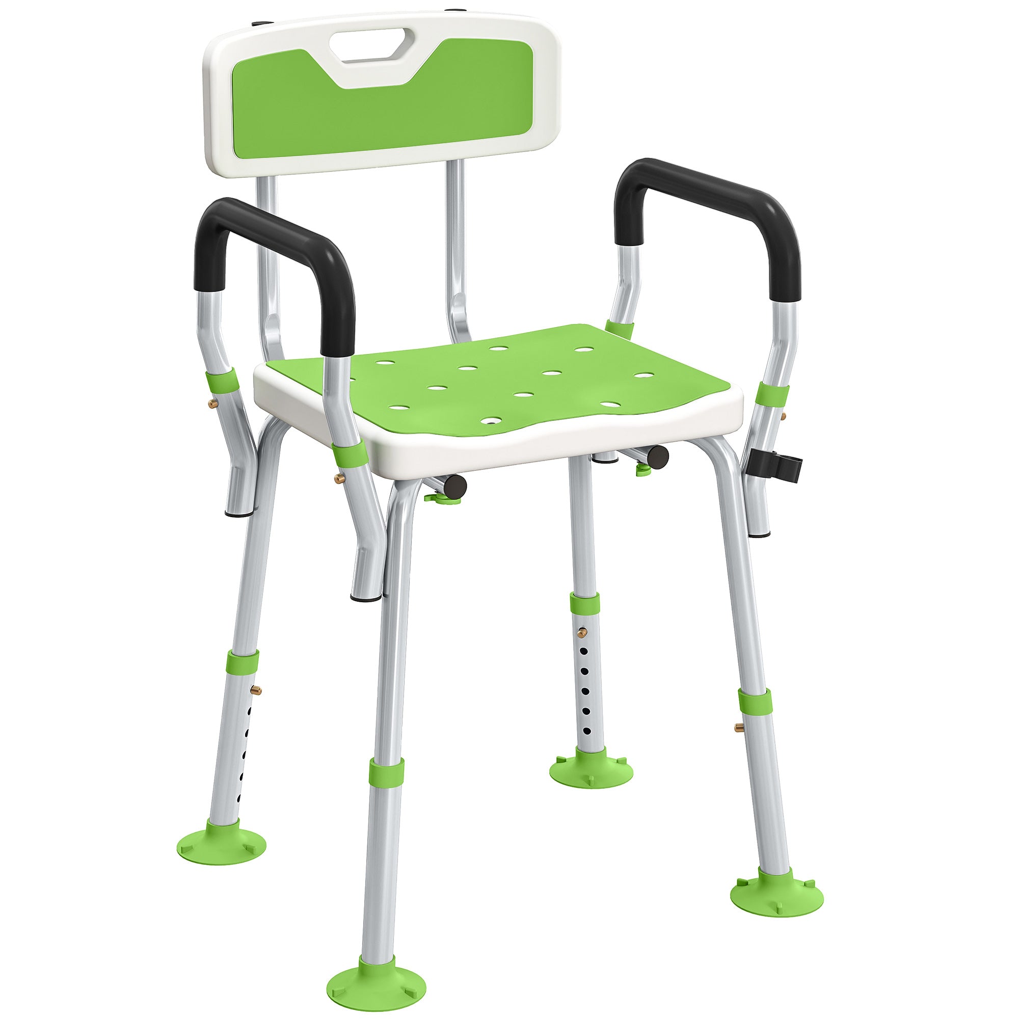 HOMCOM EVA Padded Shower Chair for the Elderly and Disabled, Height Adjustable Shower Stool with Back and Arms, 4 Suction Foot Pads, Green 