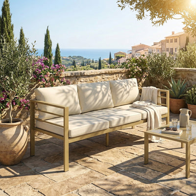 Outsunny Garden Bench with Cushions, 3-Seater Sofa with Backrest, Armrest and Back Cushions, 185 x 66 x 64cm, Cream White 
