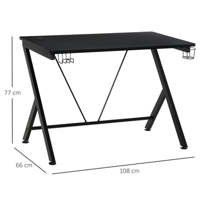 HOMCOM Gaming Desk 108 x 66 cm PC Computer Desk with Whole Board, A Shaped Gaming Table for Home Office with Cup Holder and Headphone Hook, Black 
