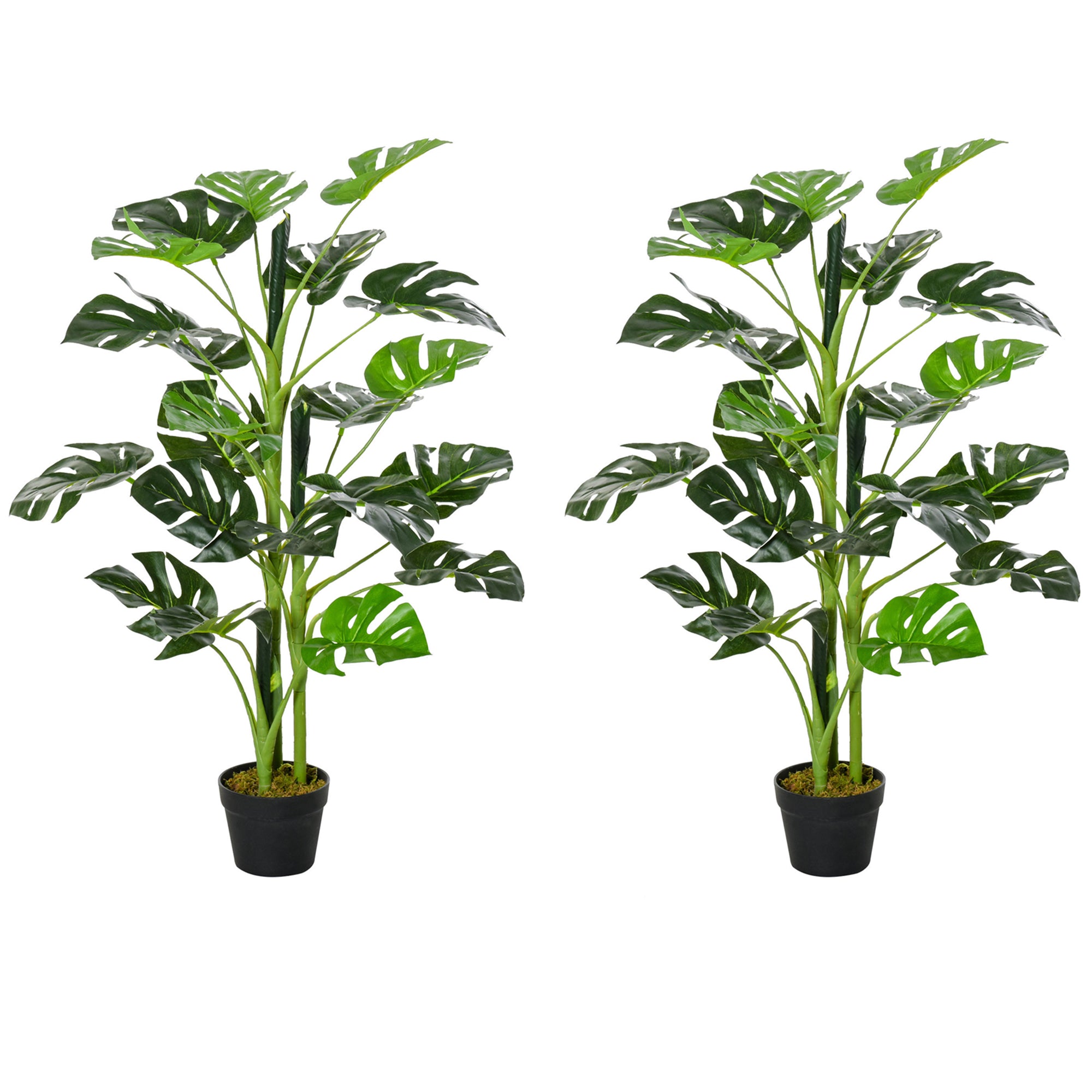 Outsunny 100cm/3.3FT Artificial Monstera Tree Decorative Cheese Plant 21 Leaves with Nursery Pot, Fake Tropical Palm Tree for Indoor Outdoor D\'c3\'a9cor, Set of 2
