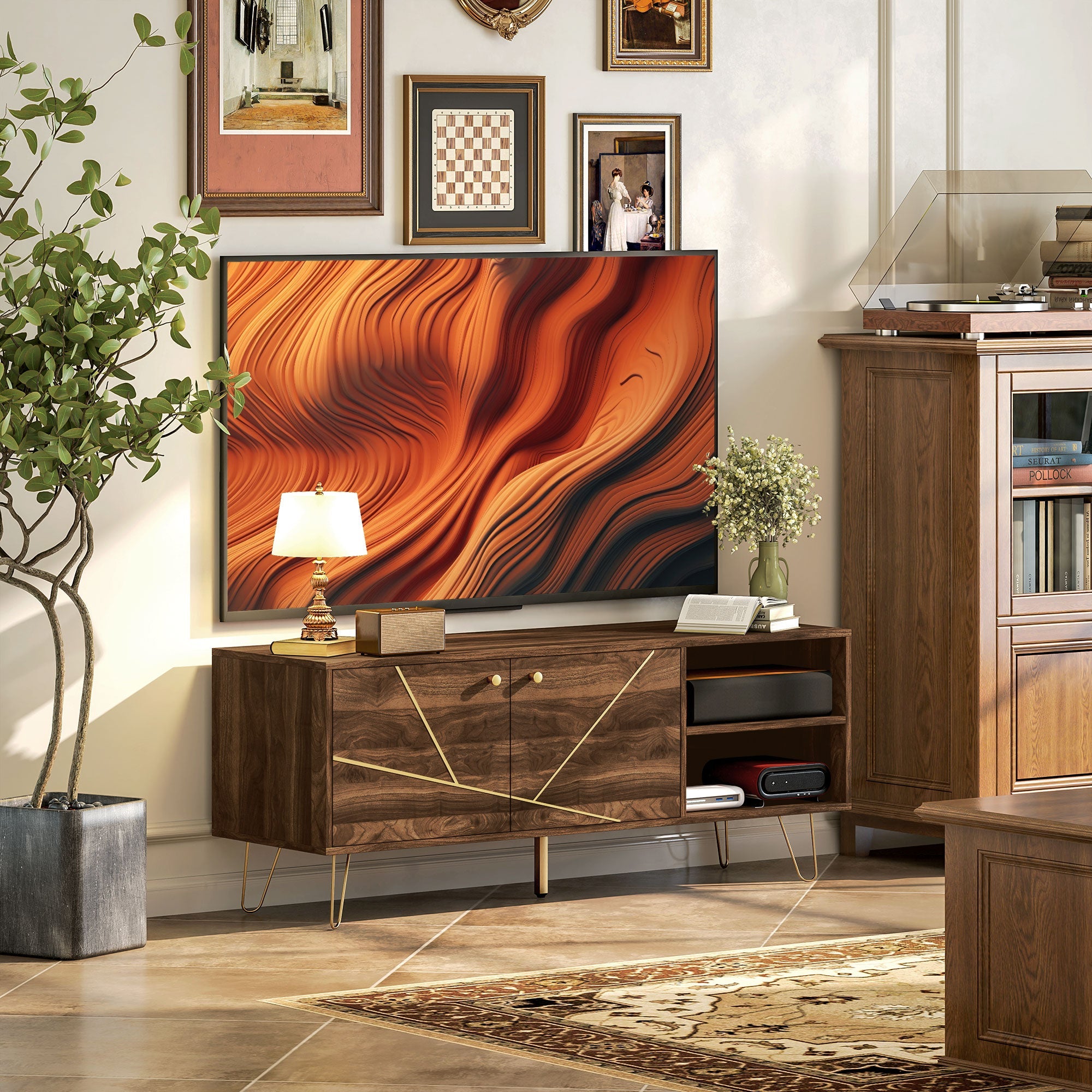 HOMCOM TV Stand Cabinet for up to 60 Inch TV, Modern 130cm TV Unit with Adjustable Shelves and Hairpin Legs, Double Door TV Cabinet for Living Room, Bedroom, Brown 