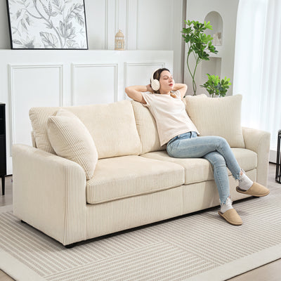 HOMCOM Modern 3 Seater Sofa with Spring Cushion, 212 cm Fabric Jumbo Cord Sofa Couch with 2 Scatter Cushions, Upholstered Corduroy Settee for Living Room, Bedroom, Home Office, Cream White 