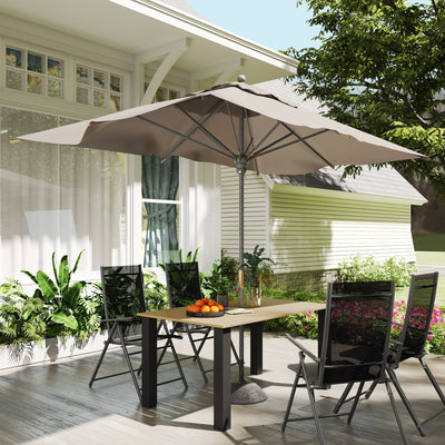 Outsunny Garden Dining Table for 6 with Parasol Hole, Rectangle Outdoor Garden Table with Slatted Metal Top, Steel Frame, Brown 