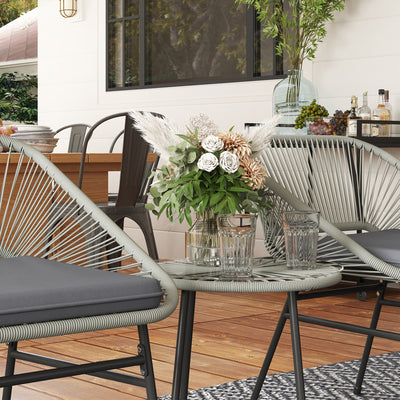 Outsunny 3 Pieces Rattan Bistro Set, Wicker Small Garden Table and Chairs Set with Cushions and Glass Top Coffee Table, Bistro Garden Furniture Set for Outdoor, Patio, Balcony, Light Grey 