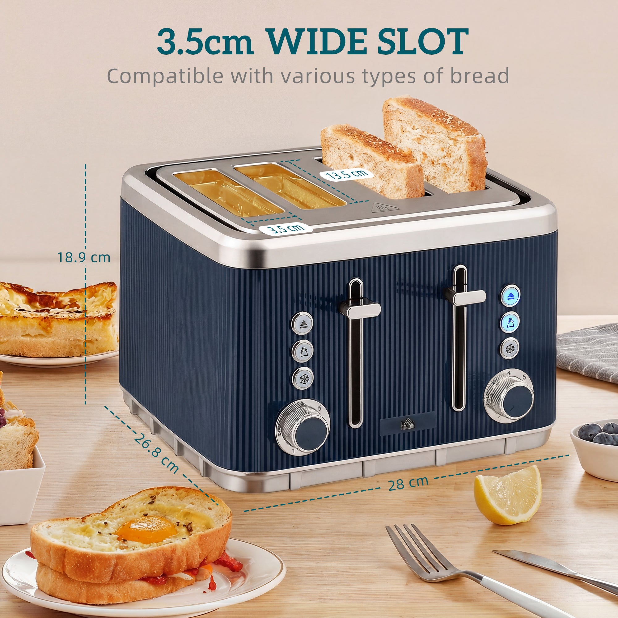 HOMCOM Electric Stainless Steel Kettle and Toaster Set, 3000W 1.7L UK Strix Thermostat Dark Blue 