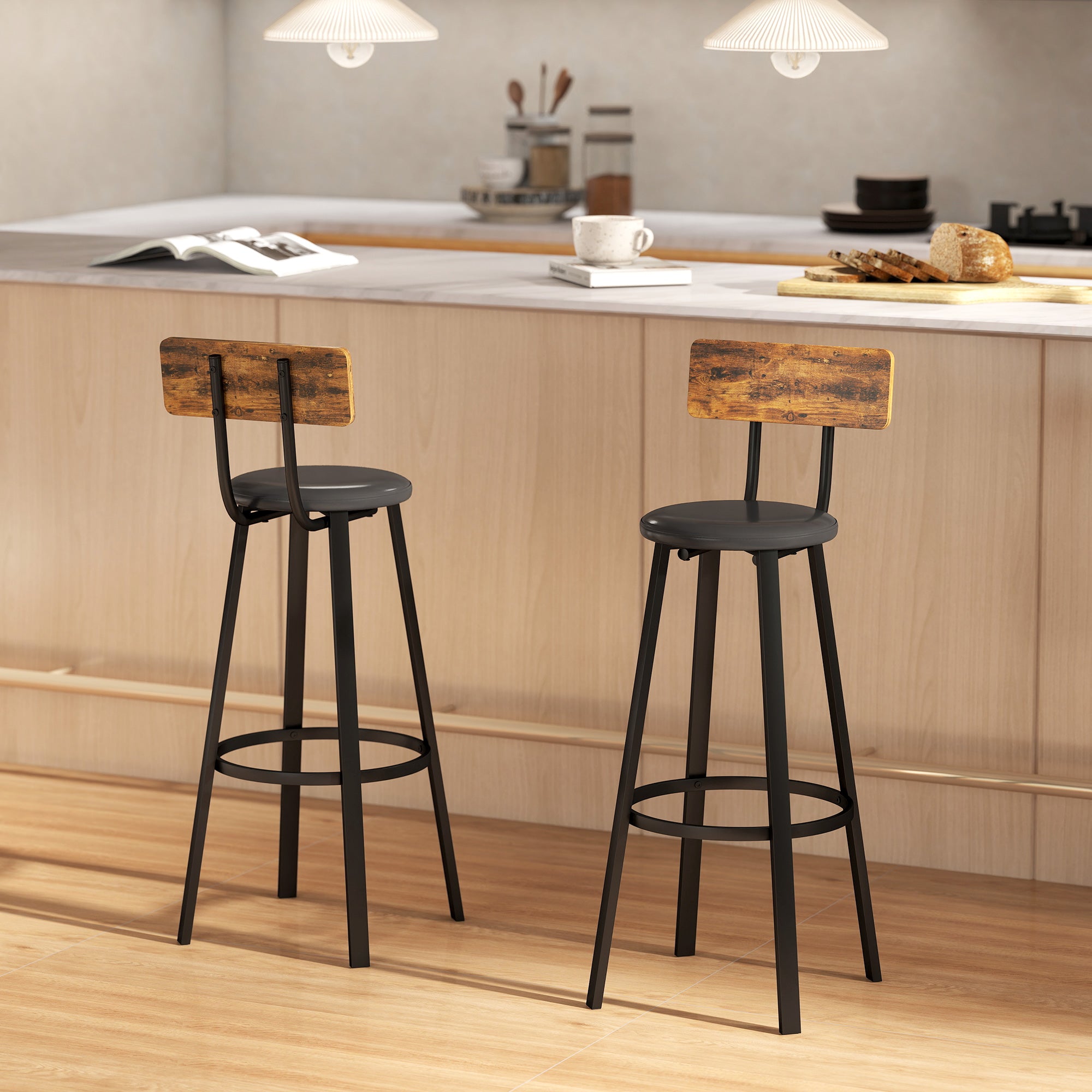 HOMCOM Set of Two Industrial-Style Bar Stools - Brown/Black 