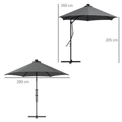 Outsunny 3m LED Parasol Umbrella, with Base and Cover - Grey 