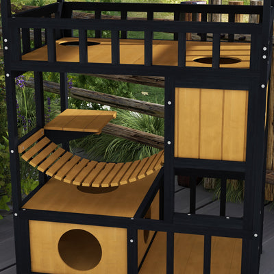 PawHut Outdoor Cat Shelter, Four-Tier Wooden Feral Cat House, with Suspension Bridge, Cat Houses, Balcony, Escape Doors 