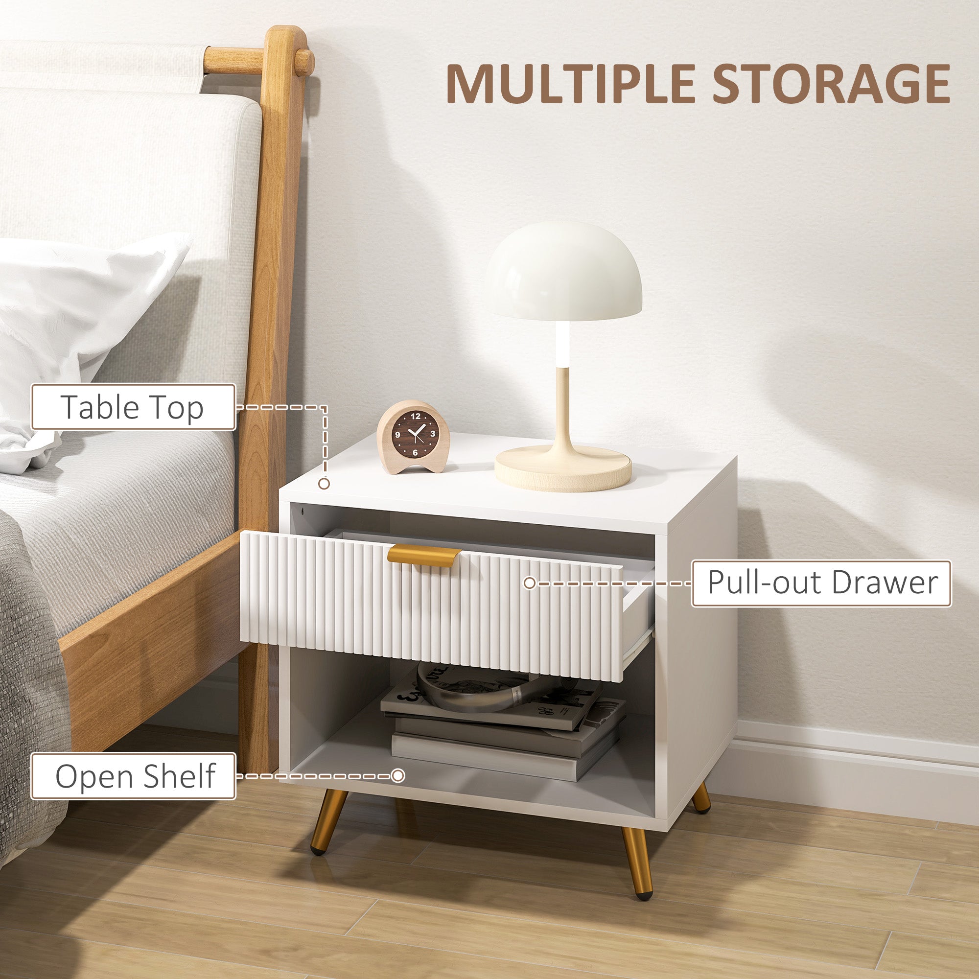 HOMCOM Bedside Tables Set of 2, Bedside Cabinets With Drawer and Open Compartment, Nightstands With Handle for Bedroom, Living Room, White 