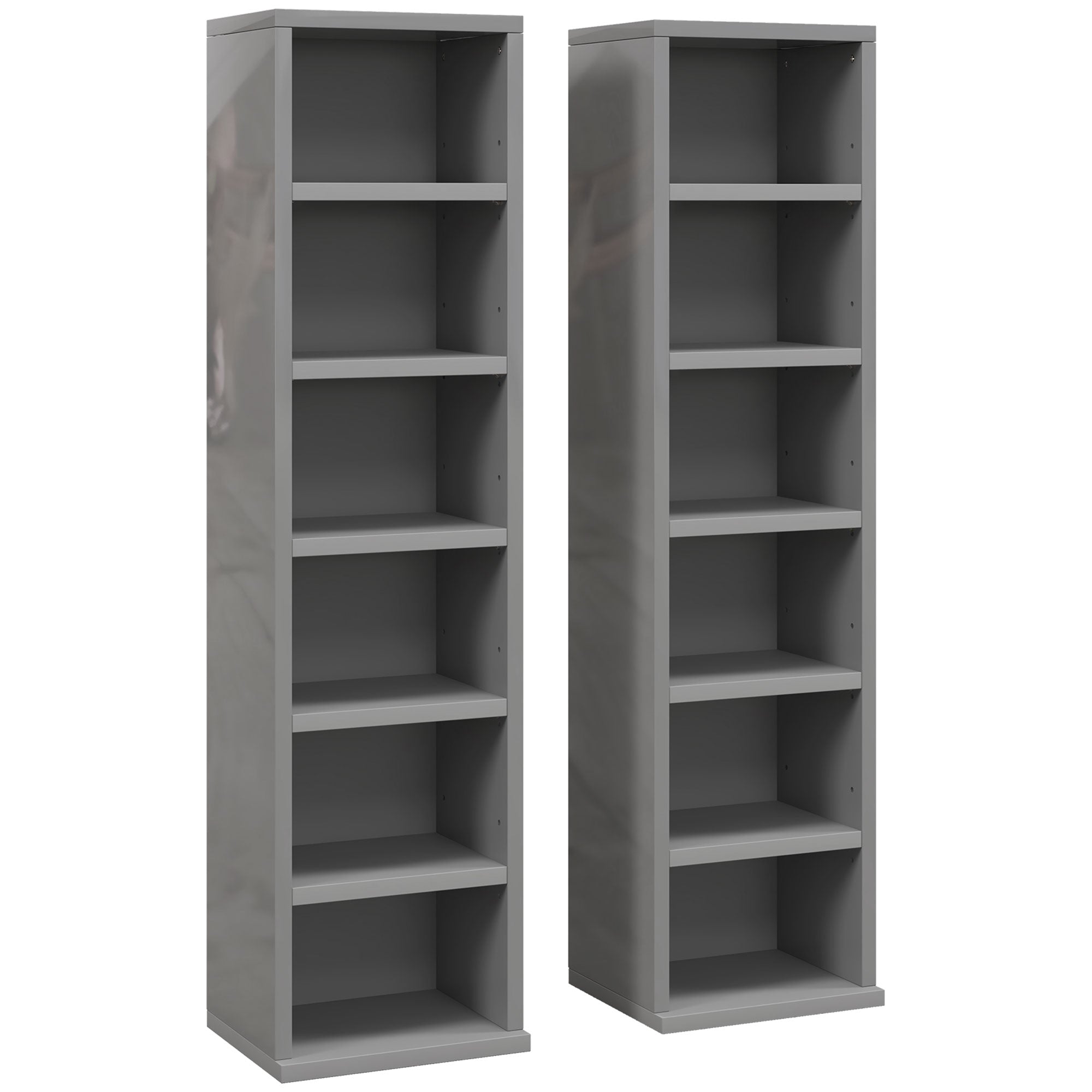 HOMCOM Set of 2 CD Media Display Shelf Unit Tower Rack with Adjustable Shelves, High Gloss Grey 