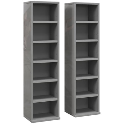 HOMCOM Set of 2 CD Media Display Shelf Unit Tower Rack with Adjustable Shelves, High Gloss Grey 