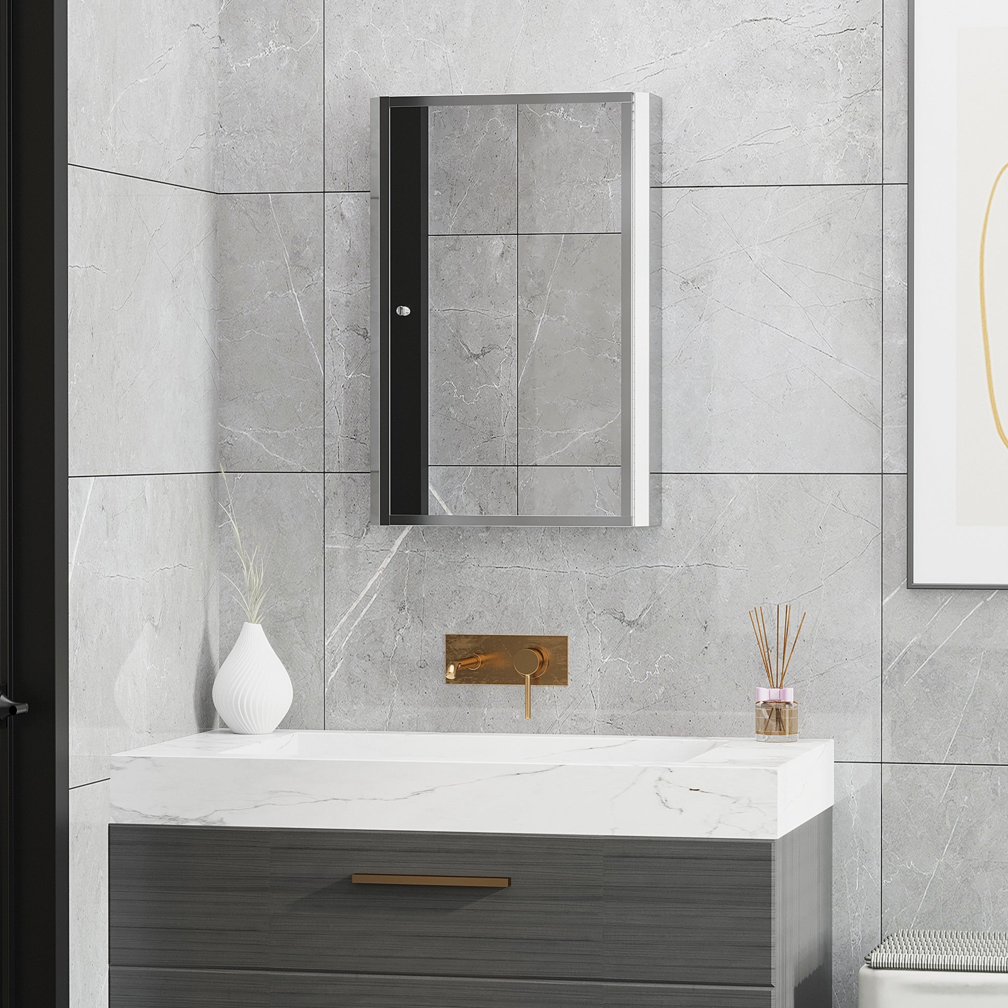 HOMCOM Stainless Steel Wall mounted Bathroom Mirror Cabinet 2 Shelves Storage Unit Furniture w/Single Door (60H x 40L x 13D (cm)) 