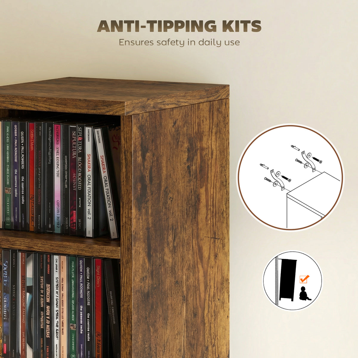 HOMCOM Set of 2 CD Media Display Shelf Unit Tower Rack with Adjustable Shelves, Rustic Brown 