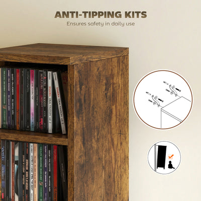 HOMCOM Set of 2 CD Media Display Shelf Unit Tower Rack with Adjustable Shelves, Rustic Brown 