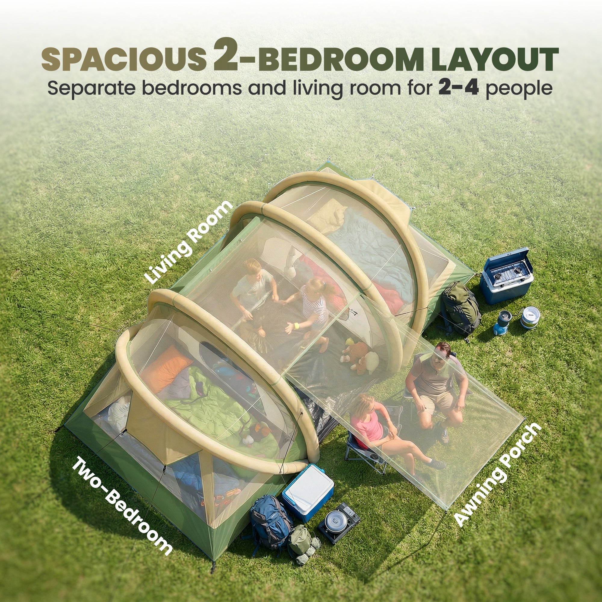 Outsunny Inflatable Tent 2 Bedroom 3000mm Waterproof Windproof Air Tent with Carry Bag for 4 Person 