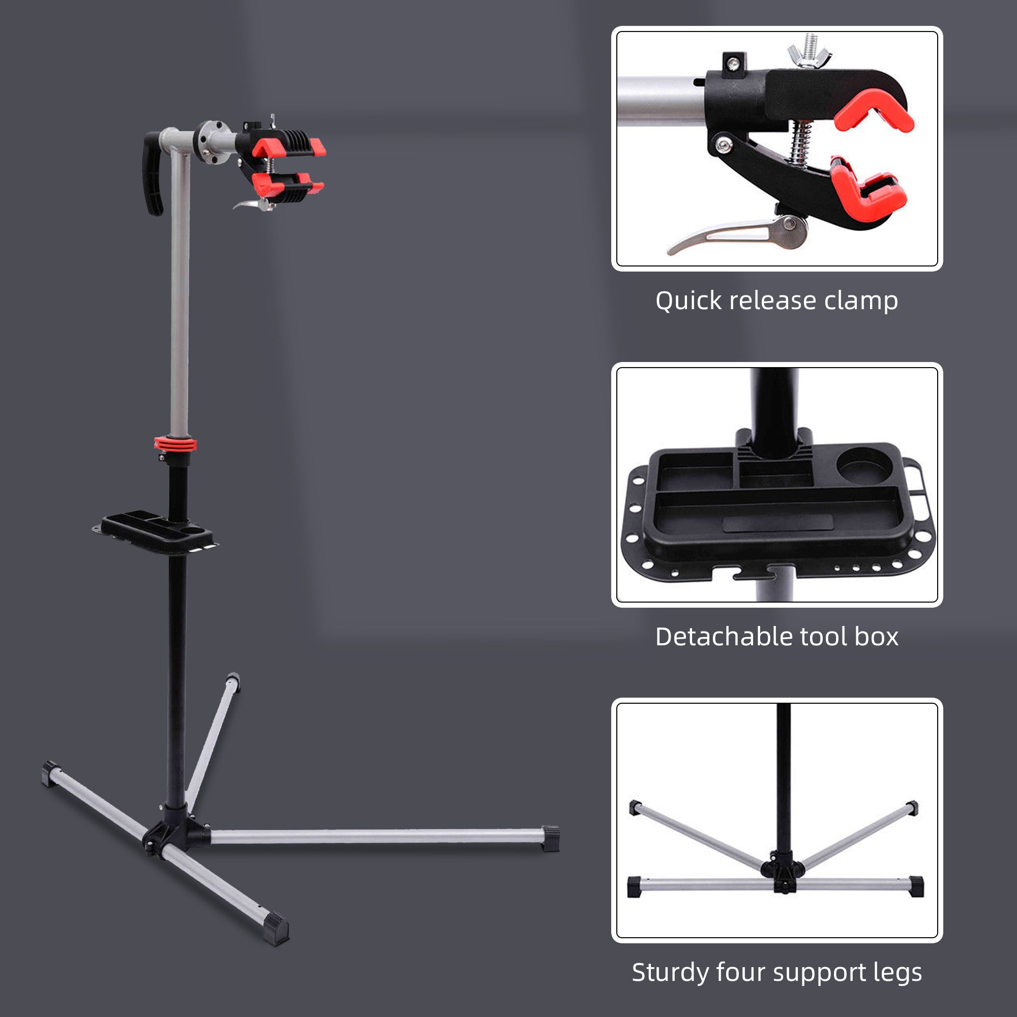 HOMCOM Bike Repair Stand Workstation, Bicycle Maintenance Workstand, Height Adjustable, with Tool Tray & 360° Rotating Adjustable Clamp for Home Mechanic Workshop 