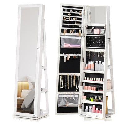HOMCOM 360° Swivel Jewellery Cabinet, Mirror Armoire, Full Length Mirror, Lockable Jewellery Organiser with Built-In Small Mirror, White 