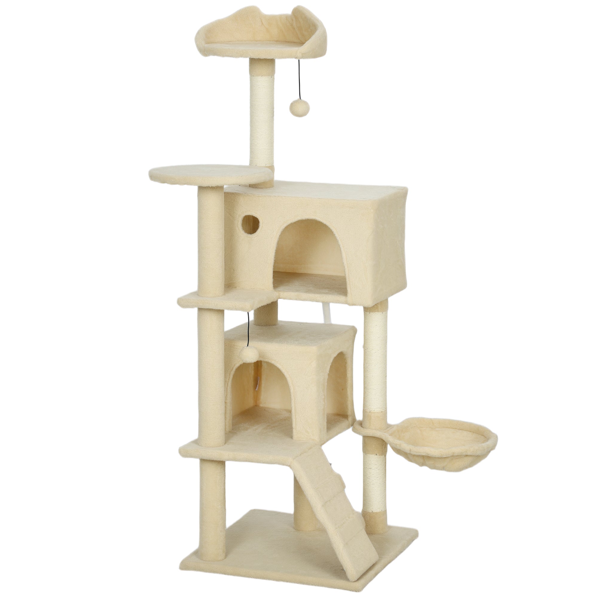 PawHut 140cm Large Cat Tree Tower with Sisal Scratching Posts, Plush Perches, Hammock, Beige 