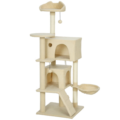 PawHut 140cm Large Cat Tree Tower with Sisal Scratching Posts, Plush Perches, Hammock, Beige 