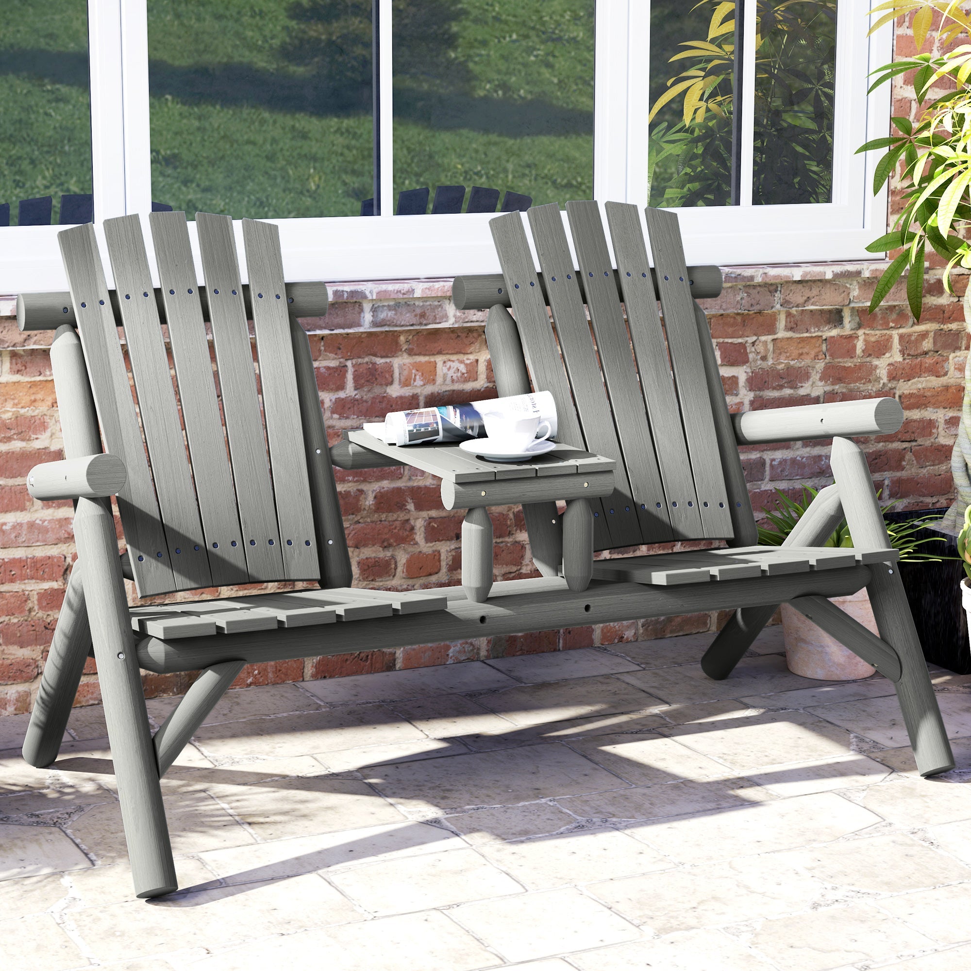 Outsunny Wood Patio Chair Bench 2 Seats w/ Centre Coffee Table, Garden Bench, Grey 