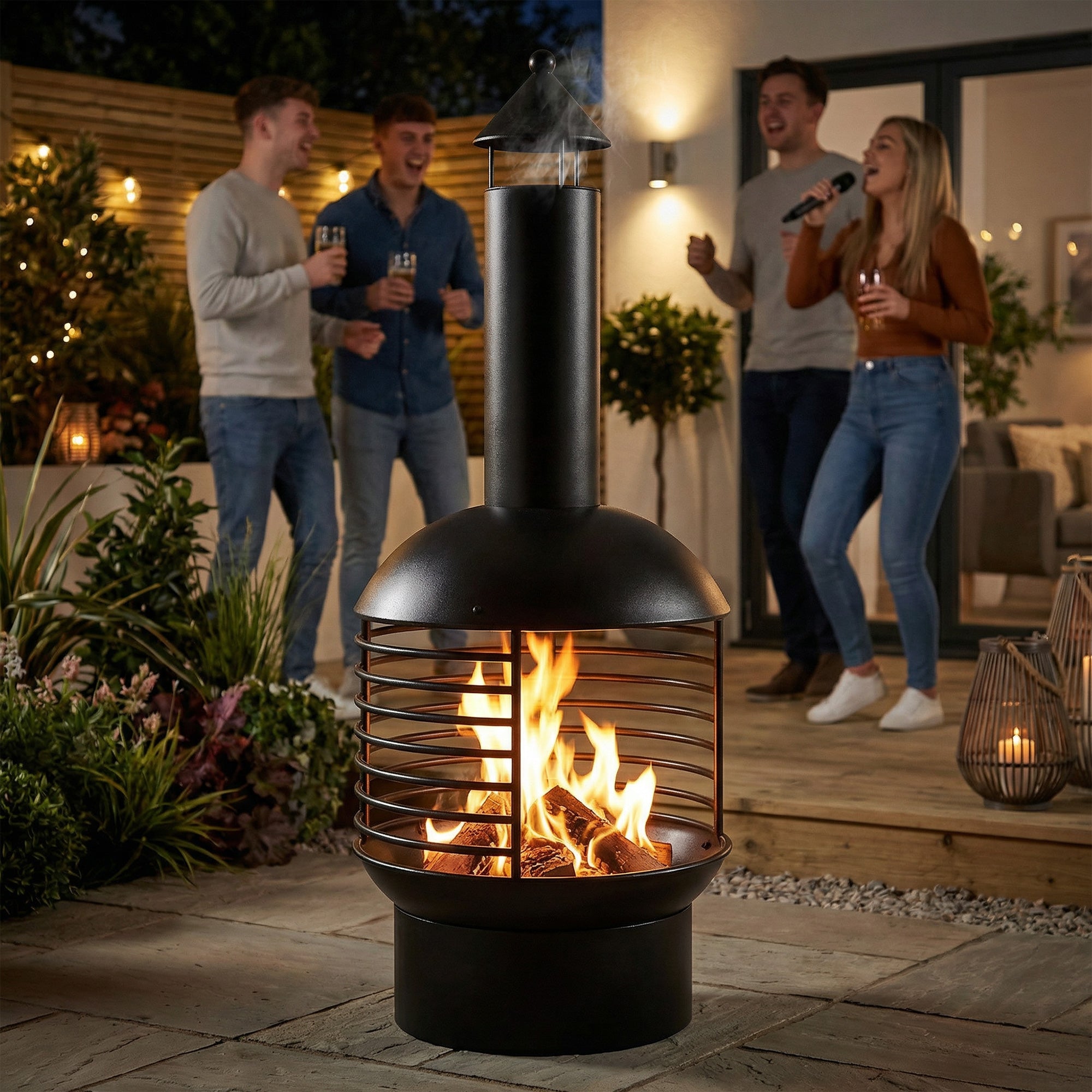 Outsunny Chimney Fire Pit, Portable Wood Burning Firepit with Poker, Charcoal Grid, Outdoor Fireplace for Garden Patio, Black 