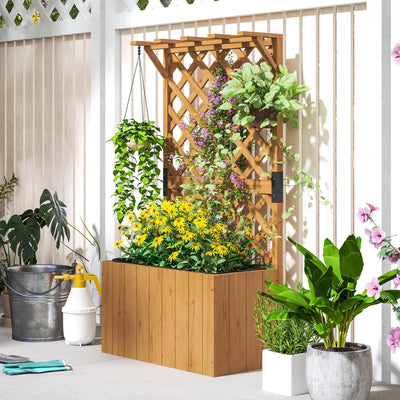 Outsunny Wooden Planter with Trellis, Freestanding Raised Garden Bed with Drainage Holes, Outdoor Planter Box with Liner for Vegetables, Herbs and Flowers, Natural 