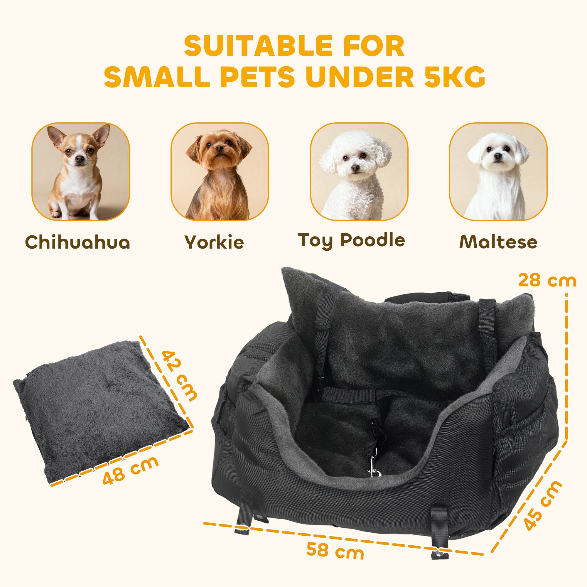 PawHut Dog Car Seat for Small Dogs with Fixed Buckle, Safety Leash, Washable Cover, 58 x 45 x 28 cm, Black 