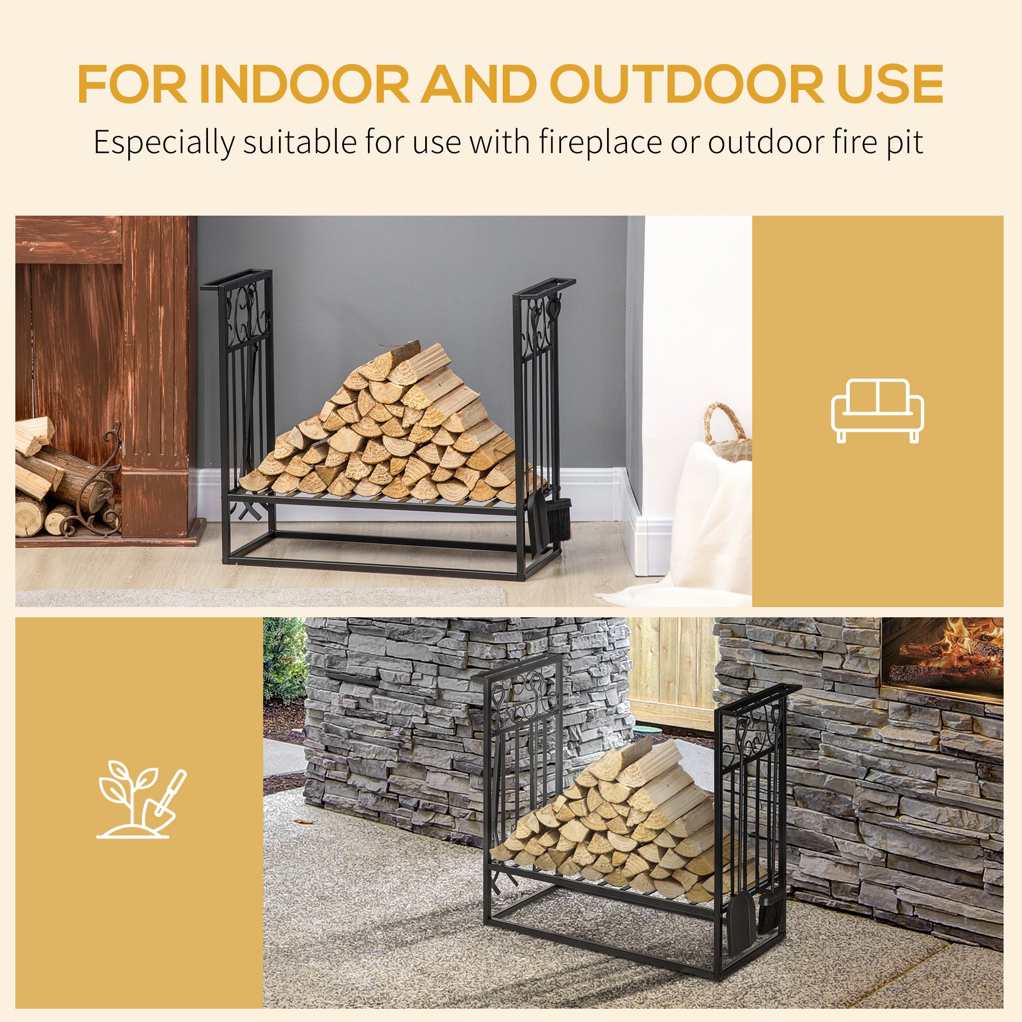 HOMCOM Steel Firewood Log Holder Indoor Outdoor Firewood Rack Fireplace Wood Storage Shelf with 4 Tools, Hooks, Scrolls, Rust-Resistant, Black, 75L x 30W x 60H cm 