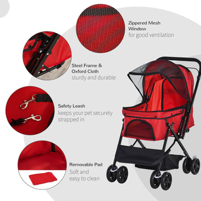 PawHut Pet Stroller Pushchair Foldable Travel Dog Cat Carriage w/ Reversible Handle Brake Basket 