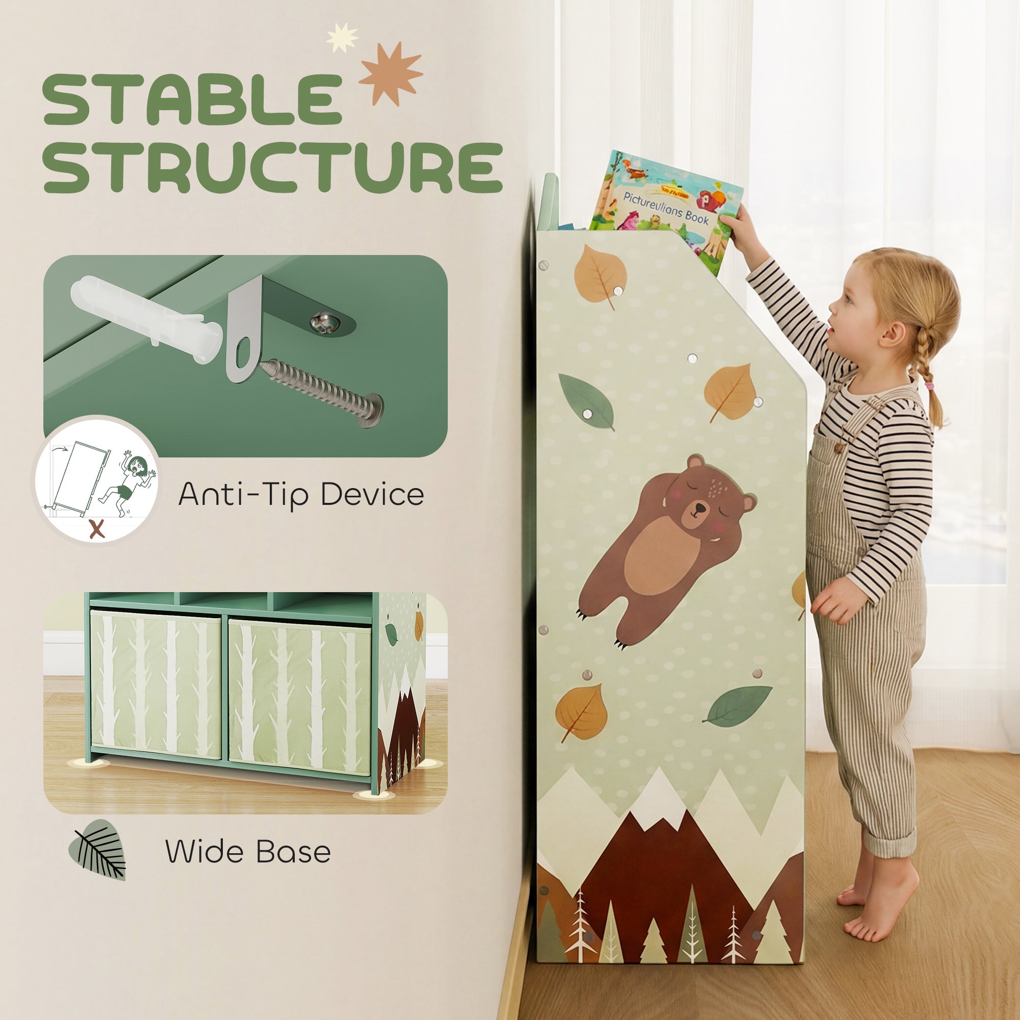 AIYAPLAY Kids Bookshelf with Storage, Toy Storage Unit with Book Display, Shelves and Fabric Drawers for Playroom Nursery, Green 