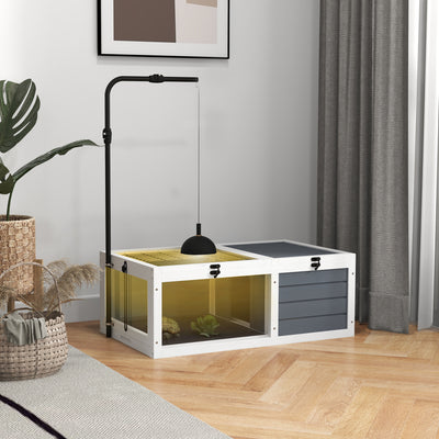 PawHut Tortoise Table with Adjustable Lamp Holder, Wooden Tortoise House w/ Openable Lids, Pull-Out Trays - Grey 