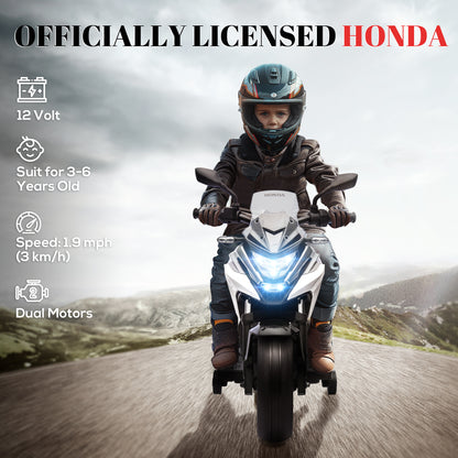 AIYAPLAY 12V Honda Licensed Kids Electric Motorbike w/ Music, Headlights, Early Education Function, for Ages 3-6 Years, White 