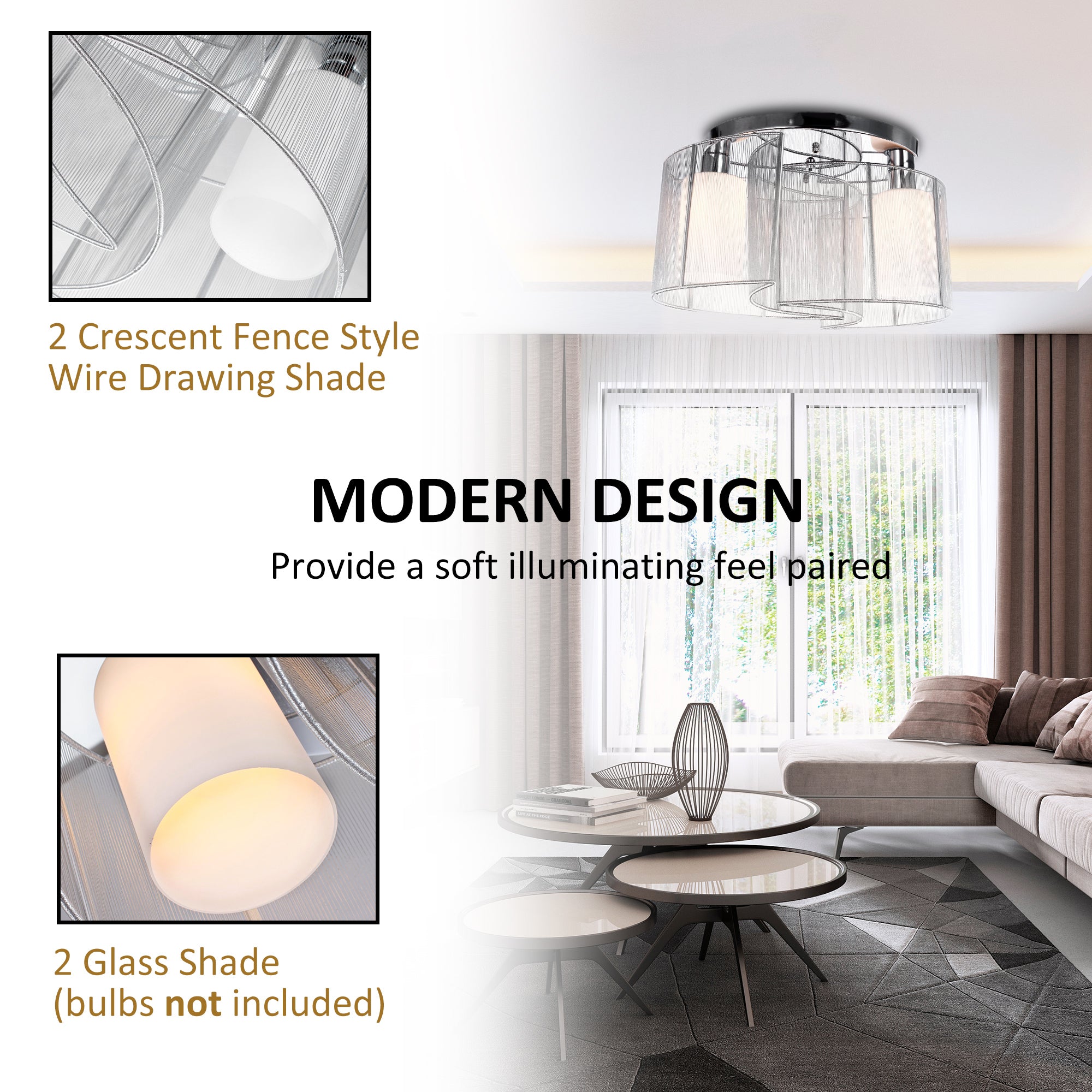 HOMCOM Modern Chandelier, Semi-Flush Mount Ceiling Light with 2 Light, E27 Bulb Base for Hallway, Dining Room, Living Room, White and Silver 