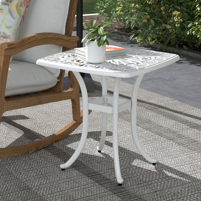 Outsunny Cast Aluminium Bistro Table, Outdoor Square Side Table with Umbrella Hole, Garden Table for Balcony, White 