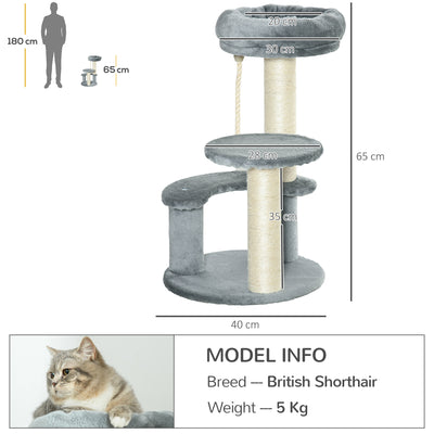 PawHut 65cm Cat Tree, Cat Tower for Kittens, Small Cat Condo with Sisal Scratching Posts, Hanging Rope, Perches - Grey 