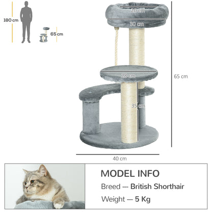 PawHut 65cm Cat Tree, Cat Tower for Kittens, Small Cat Condo with Sisal Scratching Posts, Hanging Rope, Perches - Grey 